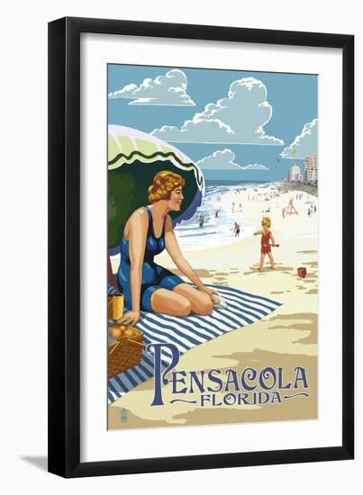 Pensacola, Florida - Woman on the Beach-Lantern Press-Framed Art Print