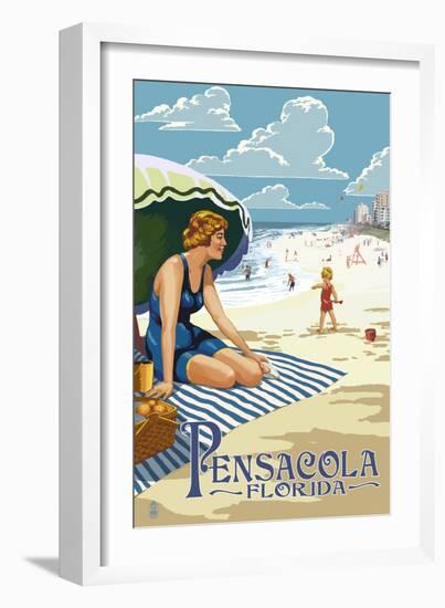 Pensacola, Florida - Woman on the Beach-Lantern Press-Framed Art Print