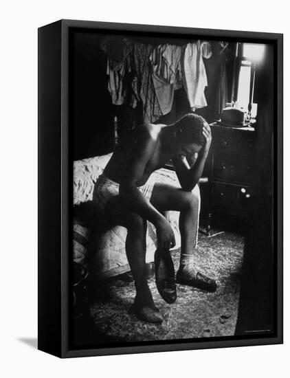 Pensive Portrait of Young African American Alone in His Room from Youth Essay-Gordon Parks-Framed Stretched Canvas