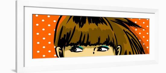 Pensive Woman Peeking Drawing, Retro Polka Dots Background-lavitrei-Framed Premium Giclee Print