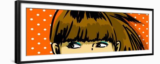 Pensive Woman Peeking Drawing, Retro Polka Dots Background-lavitrei-Framed Premium Giclee Print