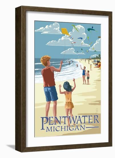 Pentwater, Michigan - Children Flying Kites-Lantern Press-Framed Art Print