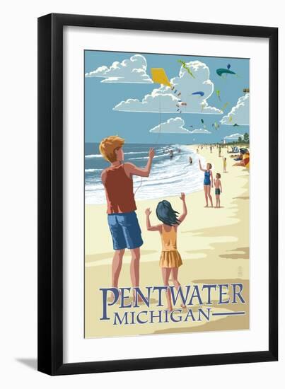 Pentwater, Michigan - Children Flying Kites-Lantern Press-Framed Art Print