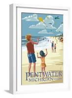 Pentwater, Michigan - Children Flying Kites-Lantern Press-Framed Art Print