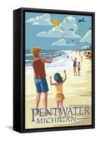 Pentwater, Michigan - Children Flying Kites-Lantern Press-Framed Stretched Canvas