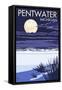 Pentwater, Michigan - Full Moon Night Scene-Lantern Press-Framed Stretched Canvas