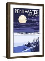 Pentwater, Michigan - Full Moon Night Scene-Lantern Press-Framed Art Print