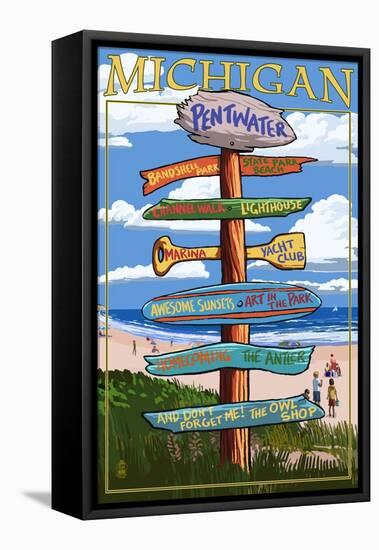 Pentwater, Michigan - Sign Destinations-Lantern Press-Framed Stretched Canvas