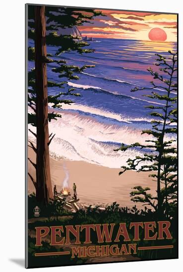 Pentwater, Michigan - Sunset on Beach-Lantern Press-Mounted Art Print