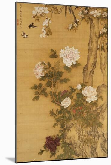 Peonies, Birds and Magnolia Tree, Hanging Scroll, Qing Dynasty-Shen Quan-Mounted Giclee Print