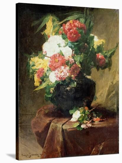 Peonies in a Vase on a Draped Table. 1895-Georges Jeannin-Stretched Canvas