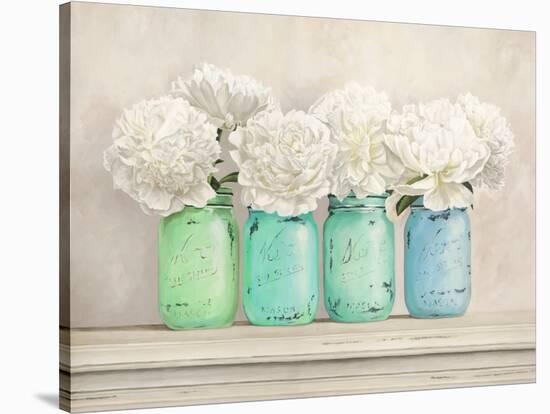 Peonies in Mason Jars-Jenny Thomlinson-Stretched Canvas