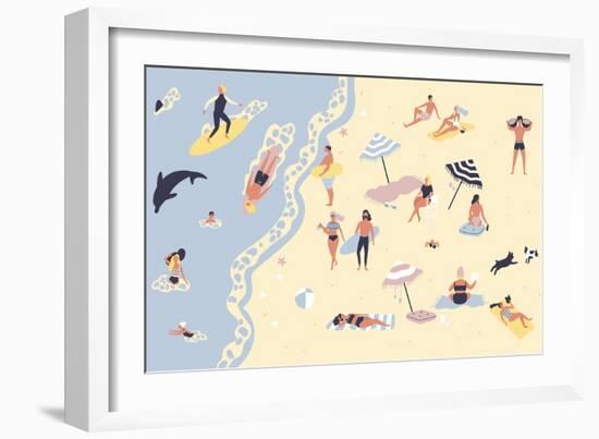 People at Beach or Seashore Relaxing and Performing Leisure Outdoor Activities-GoodStudio-Framed Art Print