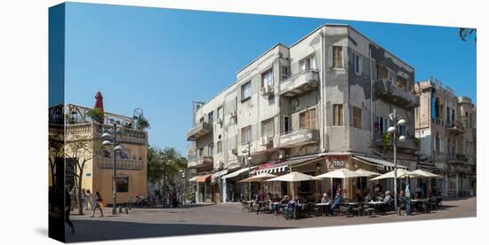 People at sidewalk cafe on the street, Nahalat Binyamin Street, White City, Tel Aviv, Israel-null-Stretched Canvas