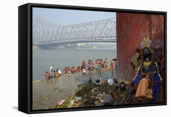 People Bathing in the Hooghly River from a Ghat Near the Howrah Bridge-Bruno Morandi-Framed Stretched Canvas