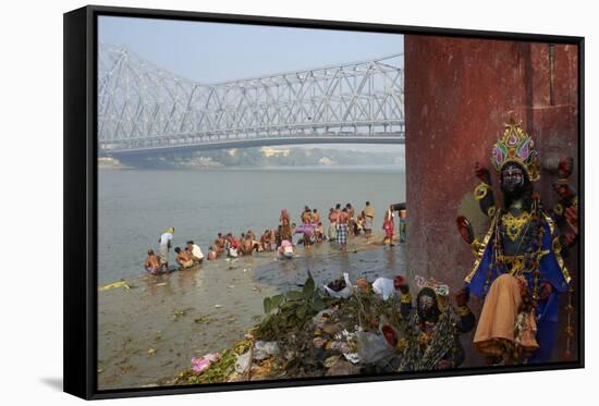 People Bathing in the Hooghly River from a Ghat Near the Howrah Bridge-Bruno Morandi-Framed Stretched Canvas
