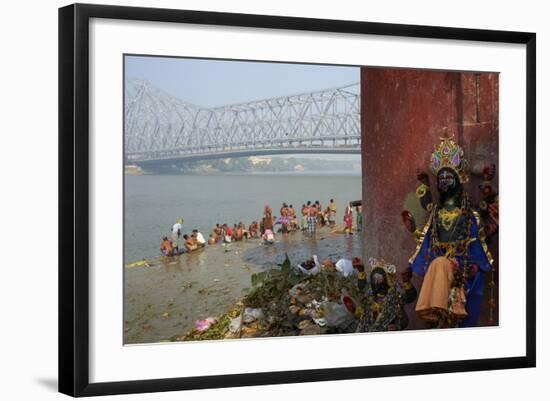 People Bathing in the Hooghly River from a Ghat Near the Howrah Bridge-Bruno Morandi-Framed Photographic Print