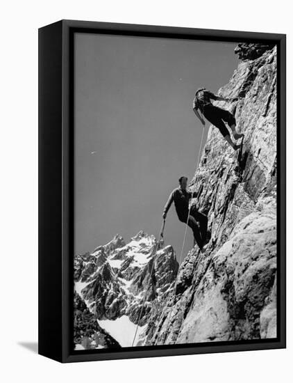 People Climbing the Teton Mountains-Hansel Mieth-Framed Stretched Canvas