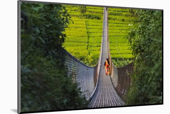 People crossing suspension bridge over Trishuli River, Tupche, Nuwakot District, Province 3, Nepal-Keren Su-Mounted Photographic Print