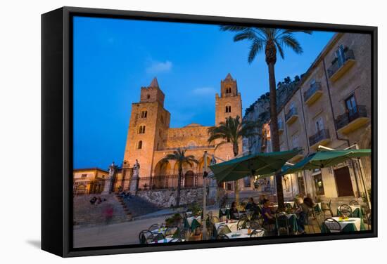 People Dining in Piazza Duomo in Front of the Norman Cathedral of Cefalu Illuminated at Night-Martin Child-Framed Stretched Canvas