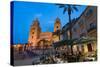 People Dining in Piazza Duomo in Front of the Norman Cathedral of Cefalu Illuminated at Night-Martin Child-Stretched Canvas