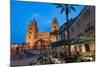 People Dining in Piazza Duomo in Front of the Norman Cathedral of Cefalu Illuminated at Night-Martin Child-Mounted Photographic Print