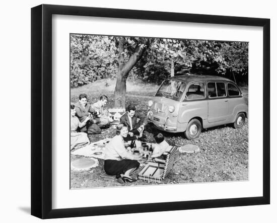 People Enjoying a Picnic Beside a 1956 Fiat 600 Multipla, (C1956)-null-Framed Premium Photographic Print
