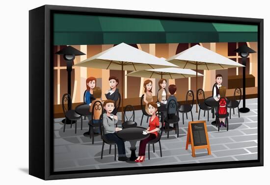 People Enjoying Coffee Outside Of A Cafe-Artisticco LLC-Framed Stretched Canvas