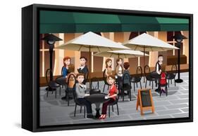 People Enjoying Coffee Outside Of A Cafe-Artisticco LLC-Framed Stretched Canvas