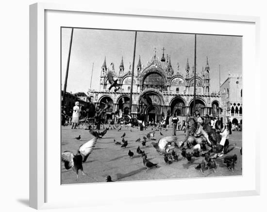 People Feed Pigeons at Saint Marks Square-null-Framed Photographic Print