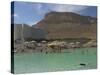 People Floating in the Sea and Hyatt Hotel and Desert Cliffs in Background, Dead Sea, Middle East-Eitan Simanor-Stretched Canvas