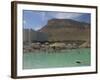 People Floating in the Sea and Hyatt Hotel and Desert Cliffs in Background, Dead Sea, Middle East-Eitan Simanor-Framed Photographic Print