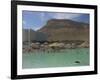People Floating in the Sea and Hyatt Hotel and Desert Cliffs in Background, Dead Sea, Middle East-Eitan Simanor-Framed Photographic Print
