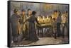 People Gather Round a London Oyster Stall in the Evening-null-Framed Stretched Canvas