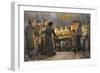 People Gather Round a London Oyster Stall in the Evening-null-Framed Art Print