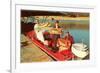 People in Motor Boat Holding Plaques with Fish-null-Framed Premium Giclee Print