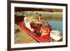 People in Motor Boat Holding Plaques with Fish-null-Framed Premium Giclee Print