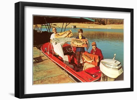 People in Motor Boat Holding Plaques with Fish-null-Framed Art Print