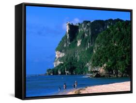 People in Water at Tumon Beach with Amantes (Two Lovers) Point Behind, Tumon, Guam-John Elk III-Framed Stretched Canvas