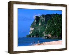 People in Water at Tumon Beach with Amantes (Two Lovers) Point Behind, Tumon, Guam-John Elk III-Framed Photographic Print