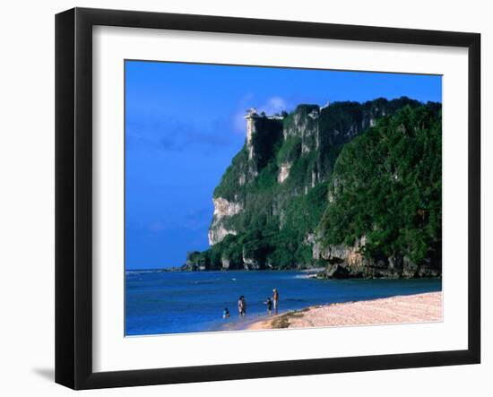 People in Water at Tumon Beach with Amantes (Two Lovers) Point Behind, Tumon, Guam-John Elk III-Framed Photographic Print