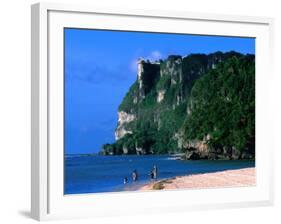 People in Water at Tumon Beach with Amantes (Two Lovers) Point Behind, Tumon, Guam-John Elk III-Framed Photographic Print