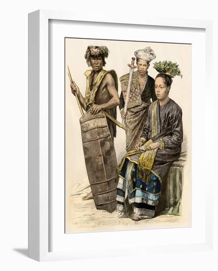 People of Borneo: Warrior with a Shield, Warrior with a Sword: and a Woman in Native Dress-null-Framed Giclee Print