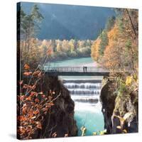 People on a Bridge Over the River Lech and Lechfall, a Man Made Fall-Alex Saberi-Stretched Canvas