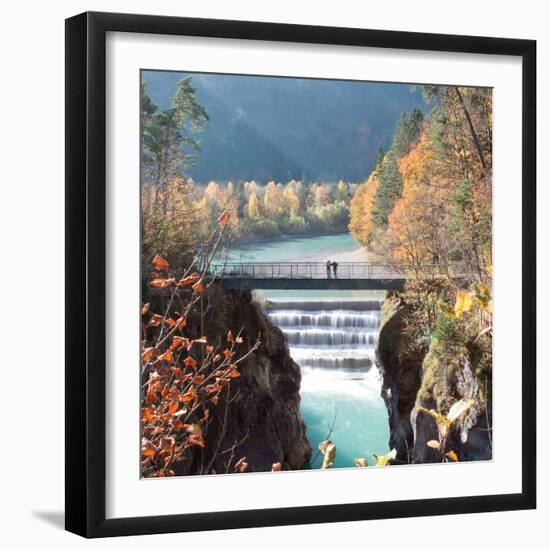 People on a Bridge Over the River Lech and Lechfall, a Man Made Fall-Alex Saberi-Framed Photographic Print