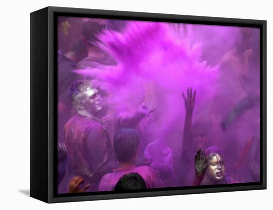 People Painted with Bright Colors Dance During the Festival of Holi on March 7, 2004-Anupam Nath-Framed Stretched Canvas