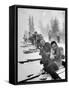 People Playing Tug of War During Snowstorm at Timberline Lodge Ski Club Party-Ralph Morse-Framed Stretched Canvas