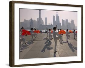 People Practicing Taiji and Pudong Skyline, Shanghai, China-Keren Su-Framed Photographic Print