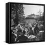 People Sitting at Tables on Terrace of Baur-Au-Lac Hotel-null-Framed Stretched Canvas