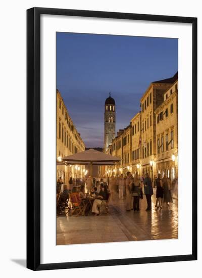 People Strolling and Cafes, Placa Lit Up at Dusk, Dubrovnik, Croatia, Europe-John Miller-Framed Photographic Print